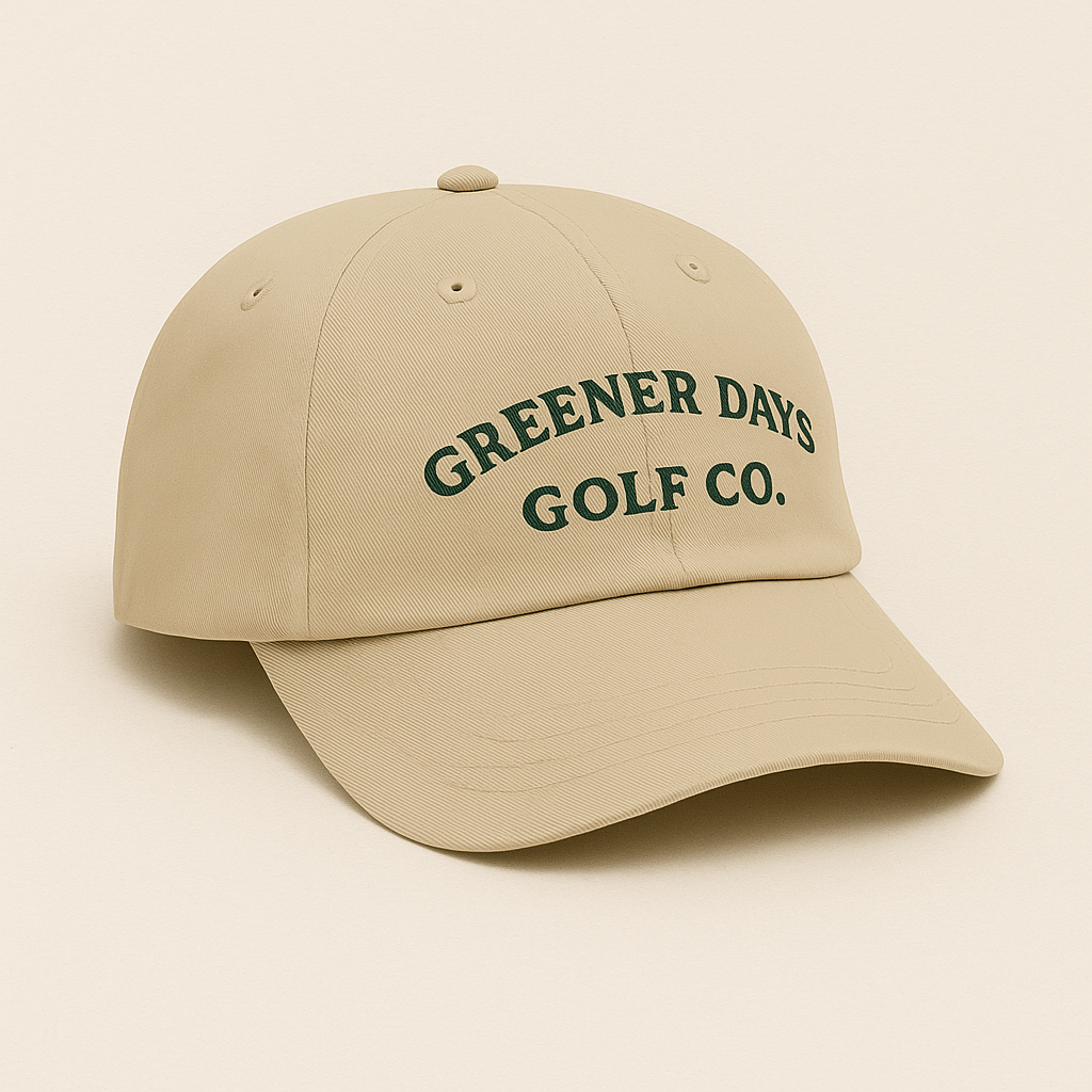 Beige cap with curved "Greener Days Golf Co." green embroidery, casual golf headwear for sunny days on the course.
