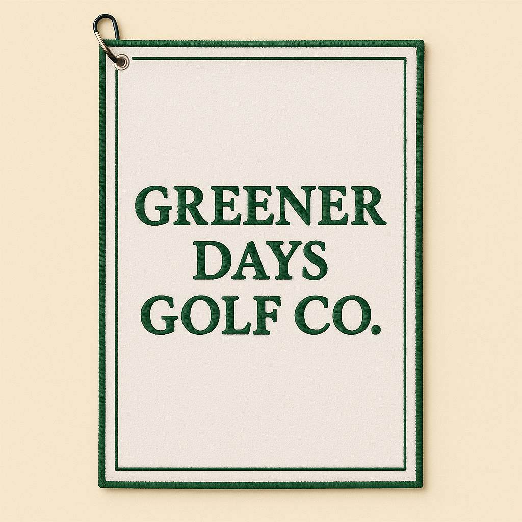 Greener Days Golf Co. white golf towel with green embroidered text and border, premium golf accessory with metal grommet clip