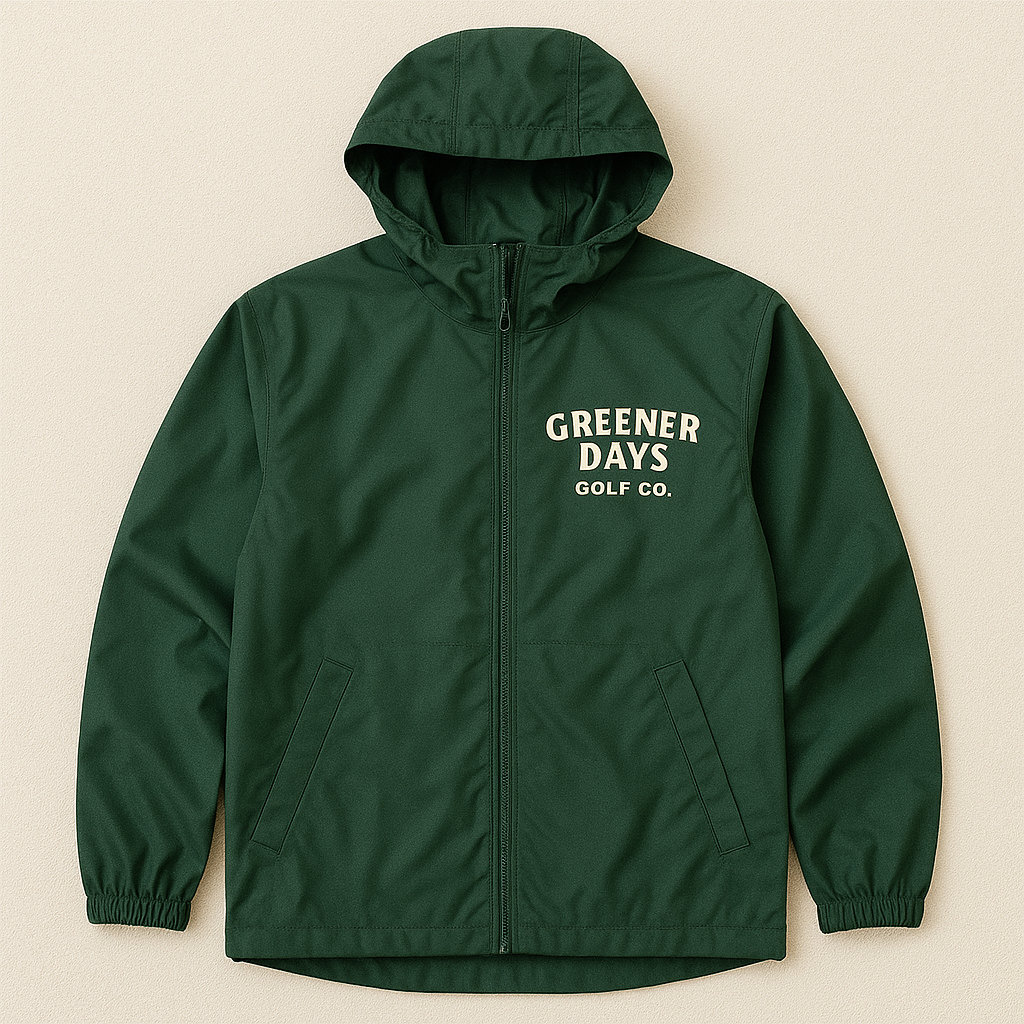 Dark green hooded rain jacket with front zip, featuring Greener Days Golf Co. logo in beige on the left chest – premium golf outerwear.