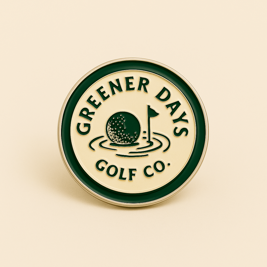 Round enamel golf ball marker with Greener Days Golf Co. branding, featuring green edge, golf ball, and flag illustration – golf accessory for putting greens.
