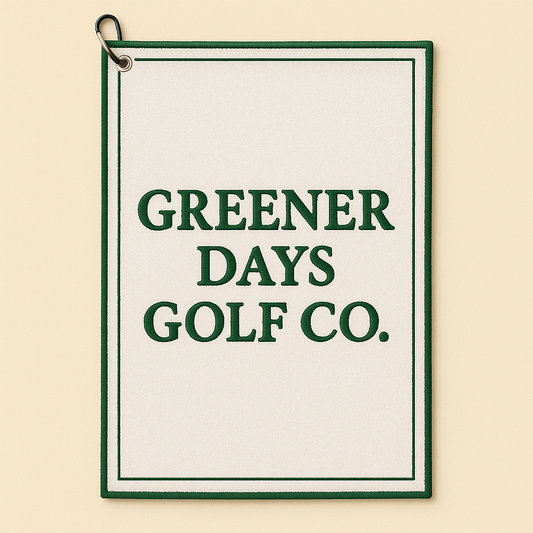 Greener Days Golf Co. white golf towel with green embroidered text and border, premium golf accessory with metal grommet clip