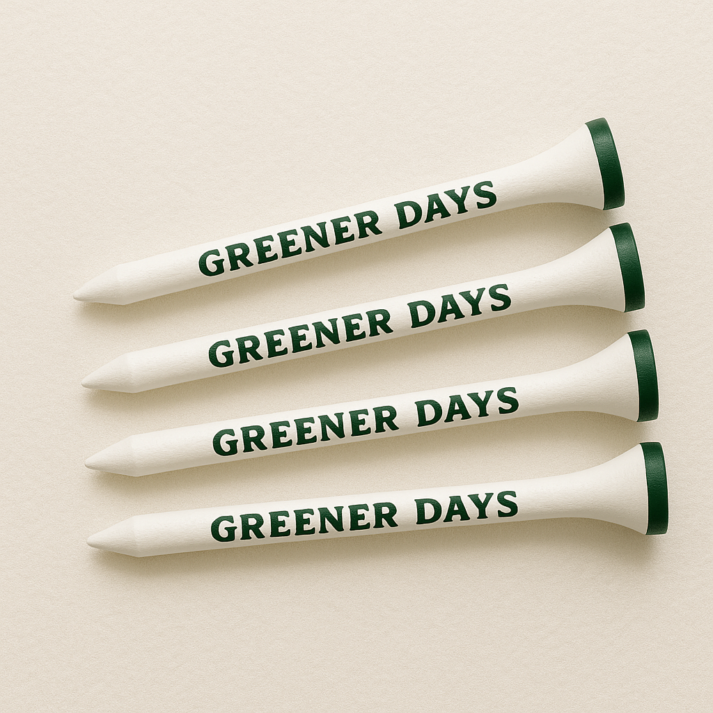 Set of four white wooden golf tees with “Greener Days” printed in green, clean and classic golf accessory for tee shots.