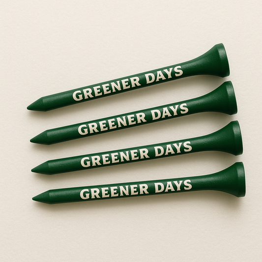Set of four dark green wooden golf tees with “Greener Days” printed in white, stylish and durable golf accessories.