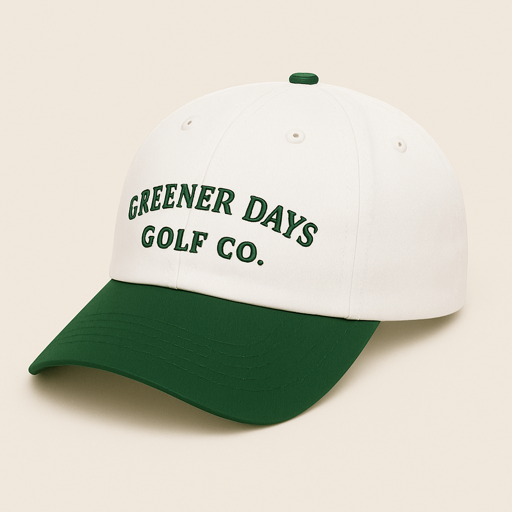  White and green baseball cap with “Greener Days Golf Co.” embroidered on the front, structured two-tone golf hat for sunny conditions.
